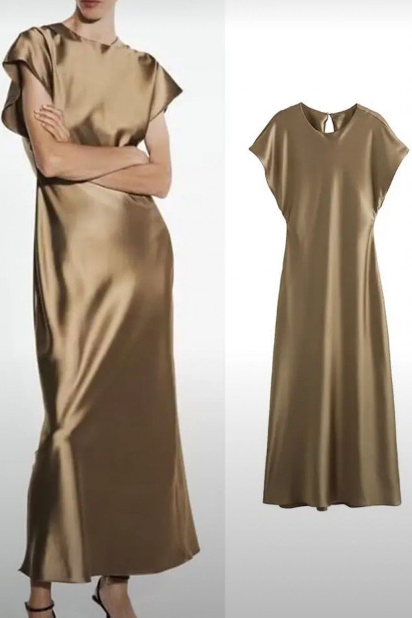 TRF0811.14 Платье миди атласное с круглым вырезом бежевое