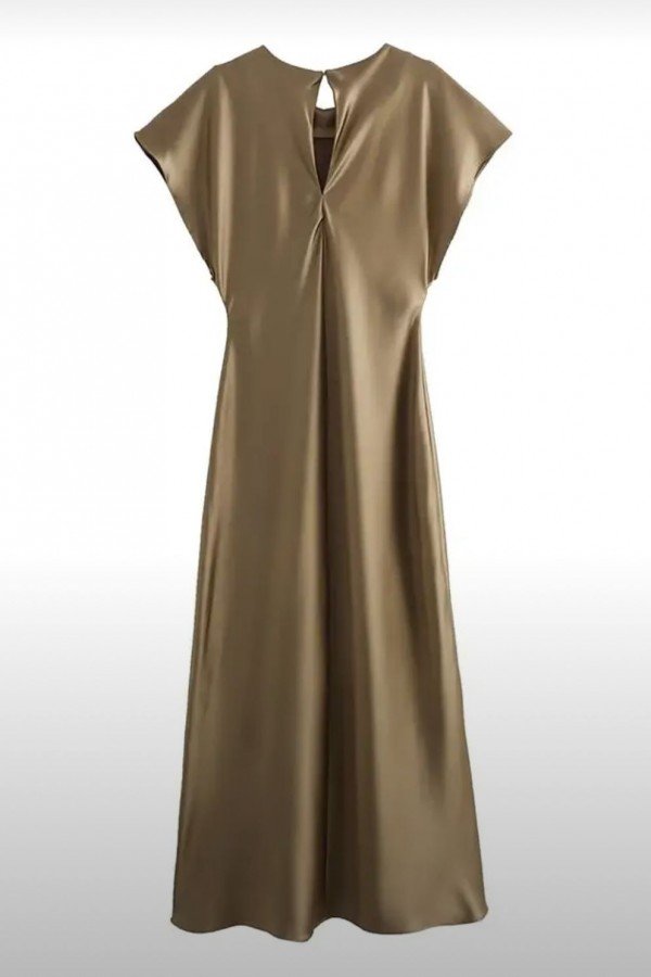 TRF0811.14 Платье миди атласное с круглым вырезом бежевое TRF0811.14 Платье миди атласное с круглым вырезом бежевое