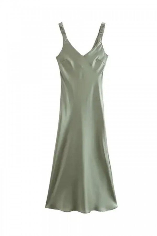TRF0711.42 Платье миди атласное оливковое