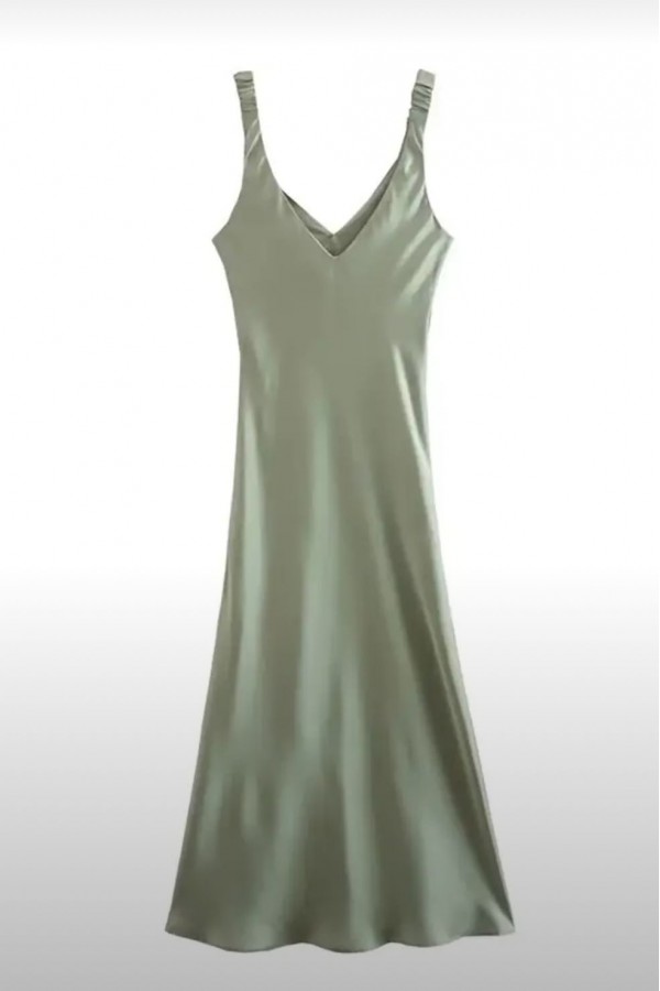 TRF0711.42 Платье миди атласное оливковое